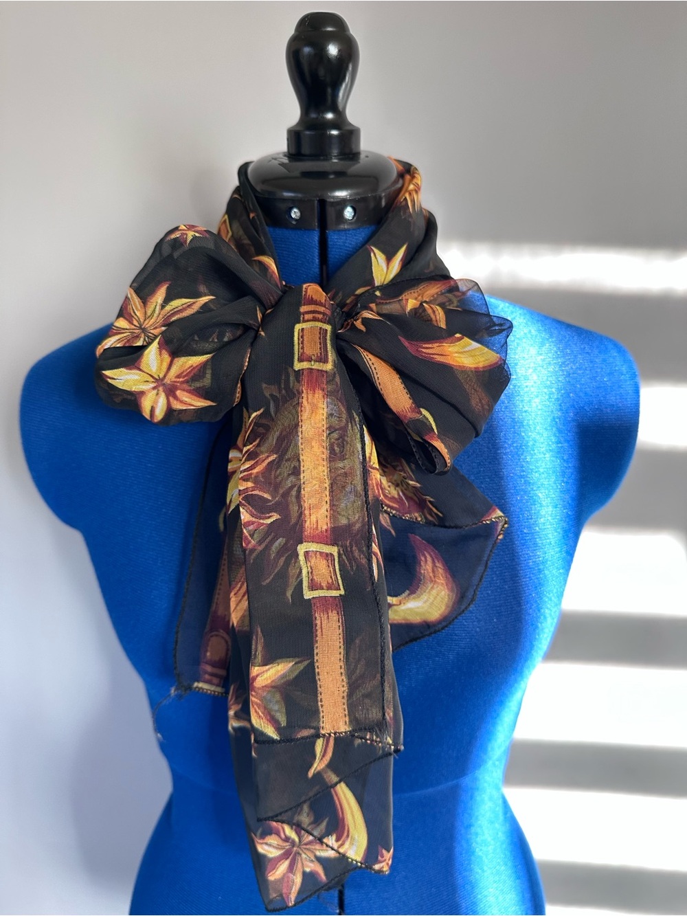 Vintage Celestial Black Floral Silk Scarf Accent